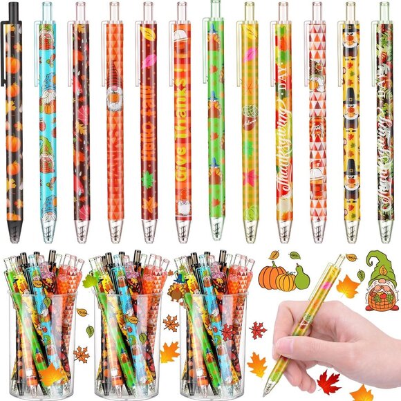 72 Pcs Fall Pens - Bulk Thanksgiving Day Ballpoint Pens - Pumpkin Leaf Gnome Ink - Picture 1 of 6